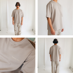 Collage of a person wearing a beige outfit with 'homme plus' branding.