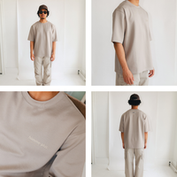 Collage of a person wearing a beige outfit with 'homme plus' branding.