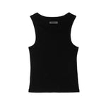 Black tank top with a brand label on a white background