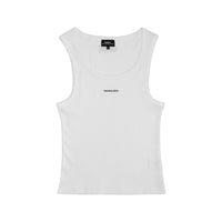White tank top with a brand label on a white background