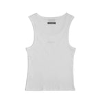 White tank top with a brand label on a white background