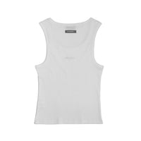 White tank top with a brand label on a white background